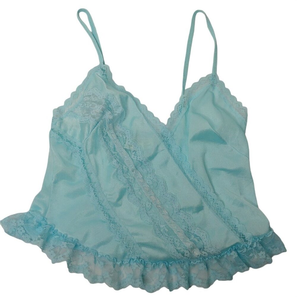 Vintage Nan Flower Camisole Top Small Sexy Pajama Blue Lace Ruffle Couquet